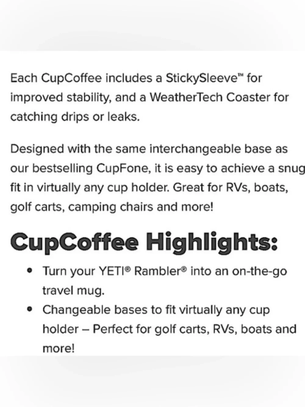 WeatherTech CupCoffee Cup Holder Adapter Fits 14 oz YETI Rambler Handle Mug NEW